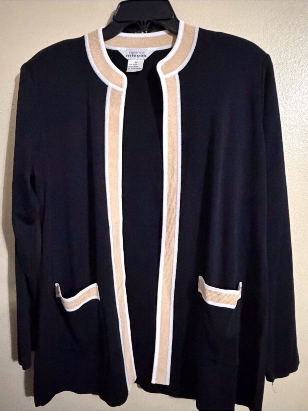 Misook Black Open-Front Jacket with Cream Trim